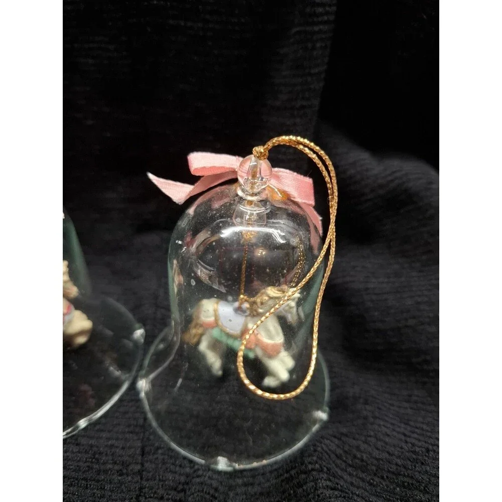 Vintage Clear Glass Bell Ornaments Carousel Horse Clapper Set 3 Christmas 3